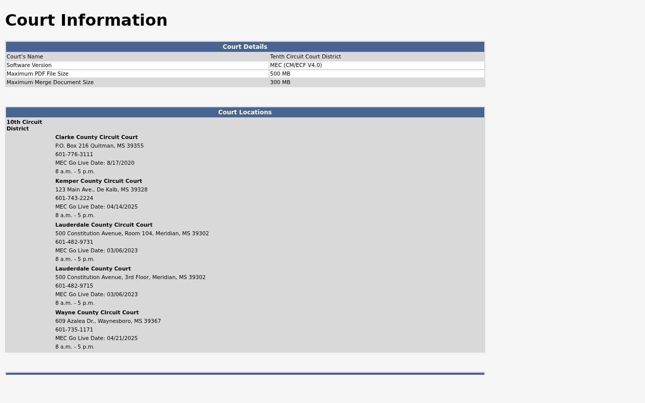 Tenth Circuit court information listing for Clarke County warrant and docket records