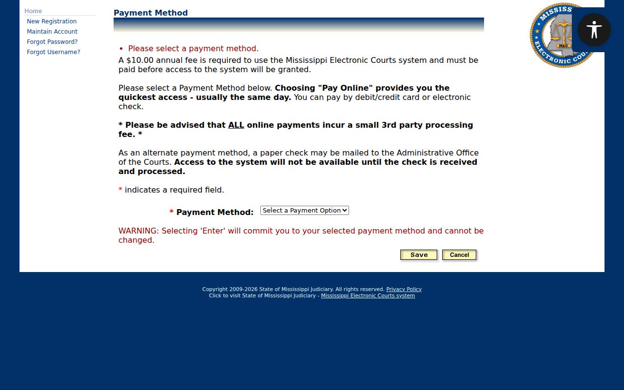 PAMEC payment method screen used to reach Clarke County warrant and court records