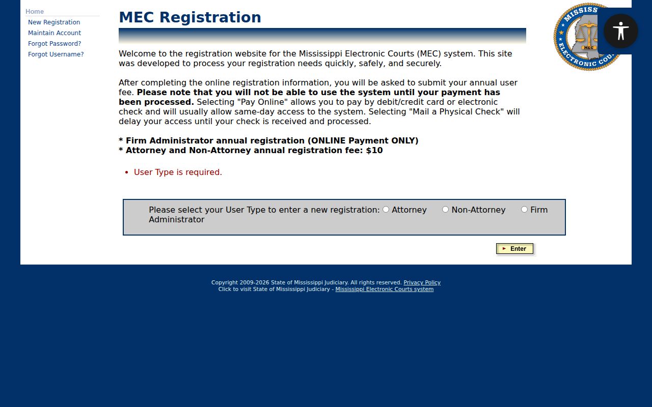 PAMEC user type registration form used before any Clarke County warrant records search