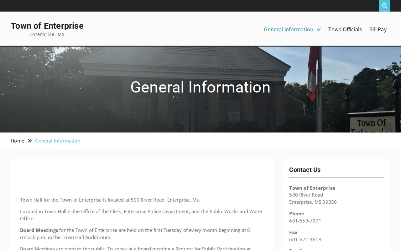 Enterprise town information page showing court schedule and office hours for Enterprise warrant records