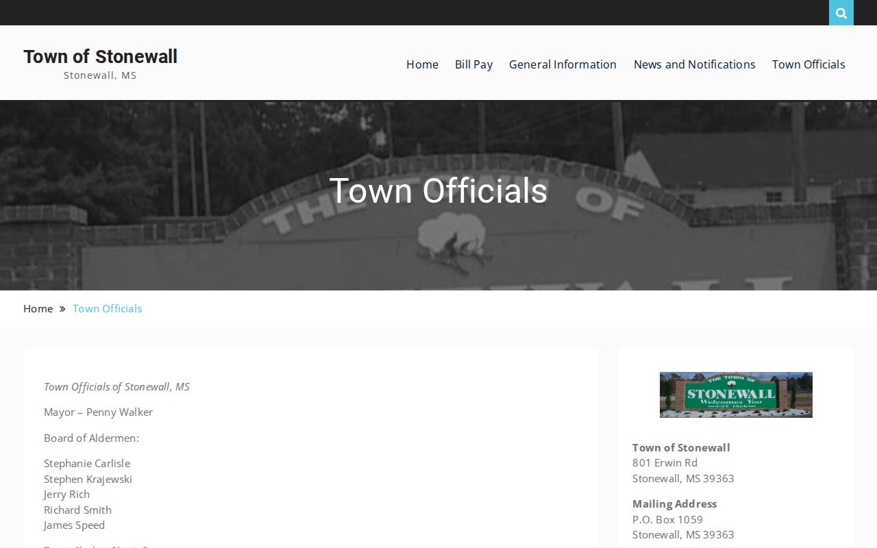 Stonewall town officials page listing the court clerk for Stonewall warrant records