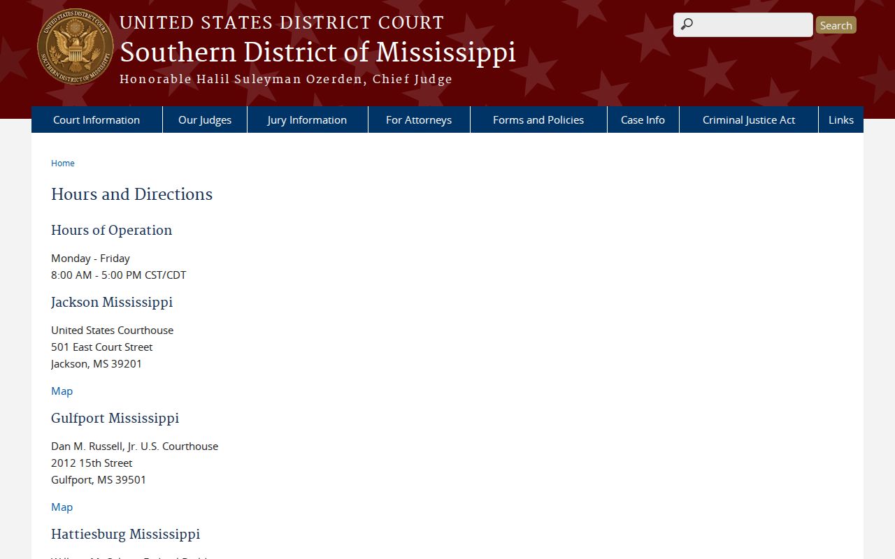 Southern District of Mississippi courthouse hours page for Clarke County federal warrant records